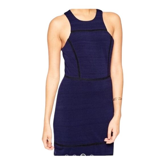 ADELYN RAE Navy Blue Black Lace Inset Racerback High Neck Bodycon Mini Dress M - Picture 1 of 9